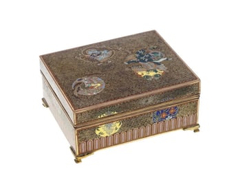 Antique Japanese Cloisonne Enamel Meiji Box Dragon, Foo Dog, Phoenix Bird, Butte