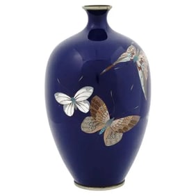 Large Antique Japan Meiji Butterflies Enamel Vase