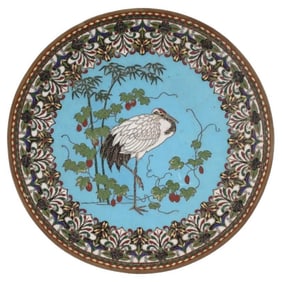 Large Antique Meiji Japanese Cloisonne Enamel Charger with Mr.Crane