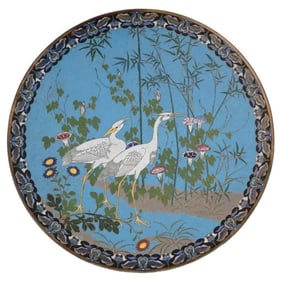 18 inch Large Antique Meiji Japanese Cloisonne Enamel Charger Naturalistic Crane