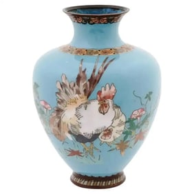 Antique Meiji Japanese Cloisonne Enamel Rooster Vase
