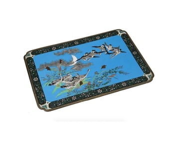 Large Rare Meiji Japanese Cloisonne Enamel Panel of Geese Flying over the Moon S