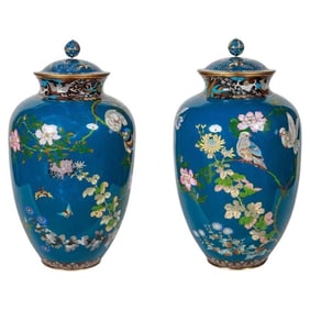 Large Pair of Japanese Cloisonne Enamel Blue-Ground Vases and Covers, Meiji