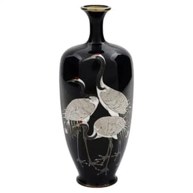 Antique Meiji Japanese Cloisonne Enamel Silver Wire Crane Vase