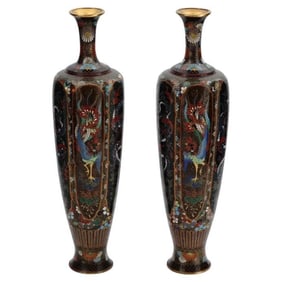 Rare High Quality Pair of Meiji Japanese Cloisonne Enamel Vases Dragons and Hoho