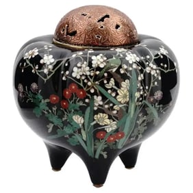 Antique Meiji Japanese Cloisonne Enamel Silver Wire Koro Censer Bird in Cherry B