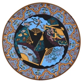 Antique Meiji Japanese Cloisonne Enamel Plate Insects and Seashells Fans