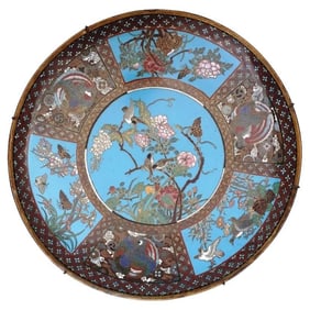 Antique Meiji Japanese Cloisonne Enamel Plate Charger Birds Butterflies Geometri