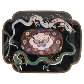 Large Meiji Japanese Cloisonne Enamel Dueling Dragons Pink Butterfly Tray