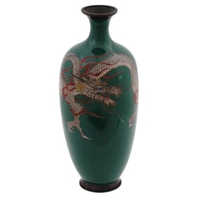 Antique Japanese Meiji Green Goldstone Enamel Dragon Vase