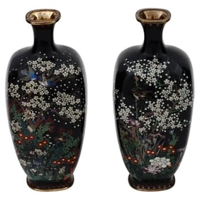Pair of Antique Meiji Japanese Cloisonne Enamel Miniature Vases Birds in Cherry