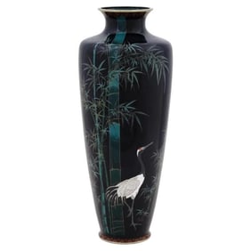 Large Antique Meiji Japanese Cloisonne Enamel Vase Crane in Bamboo Field