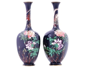 Rare Pair of Octagon Shaped Japanese Cloisonné Dragon and Flower Vases
