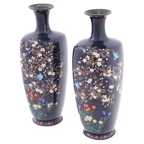 Large Pair of Japanese Cloisonné with Blue Birds signed Gonda Hirosuke