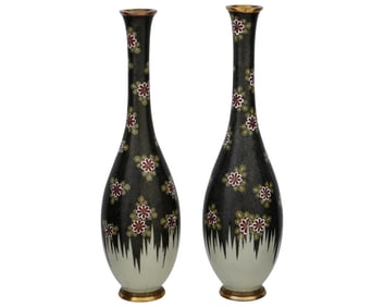A Large Pair Of Narrow Neck Antique Japanese Cloisonne Enamel Meiji Vases