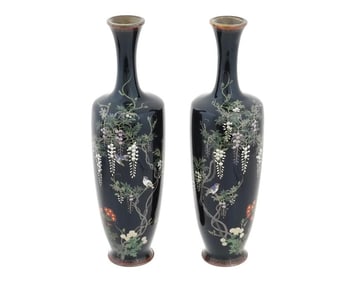 Pair of Japanese Cloisonne Silver Wire Meiji Golden Age Wisteria Vases