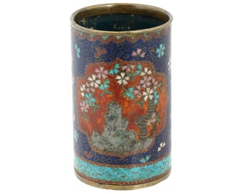 Antique Early Meiji Japanese Cloisonne Brush Pot in the Style of Namikawa