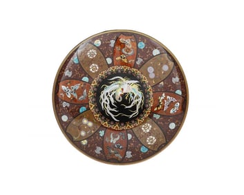 Antique Japanese Cloisonne Enamel Charger Plate with a Phoenix Bird Attributed t