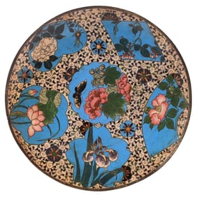 Antique Meiji Japanese Cloisonne Enamel Charger Plate Blossoming Flowers Butterf