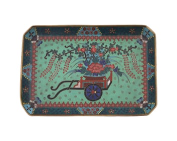 Antique Early Meiji Japanese Cloisonne Green Enamel Tray with Wagon Blossoming W