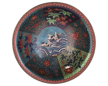 Antique Early Meiji Japanese Cloisonne Enamel Bowl with Rabbits In Waves