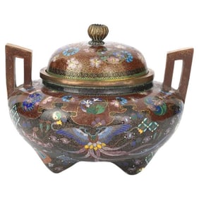Large Japanese Cloisonne Enamel Koro Incense Burner with Takara-Mono