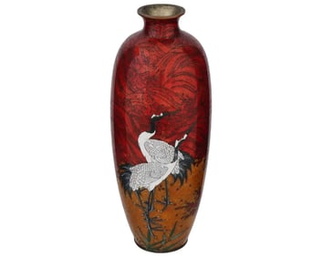 Large Antique Meiji Japanese Cloisonne Enamel Red Crane Vase