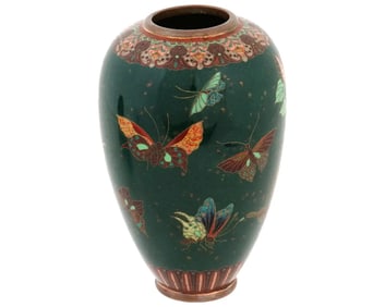 Antique Meiji Japanese Cloisonne Enamel Green Gold Stone Butterflies Vase