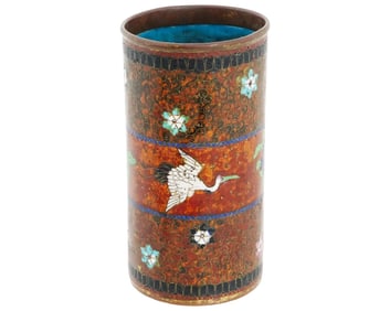 Antique Early Meiji Japanese Cloisonne Brush Pot with Crane in the Style of Nami