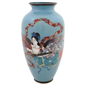 Antique Meiji Japanese Ginbari Cloisonne Enamel Geisha Vase