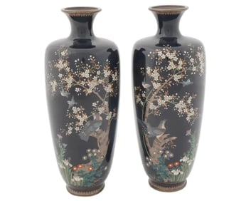 Antique Japanese Cloisonne Meiji Bird Tree Enamel Vases