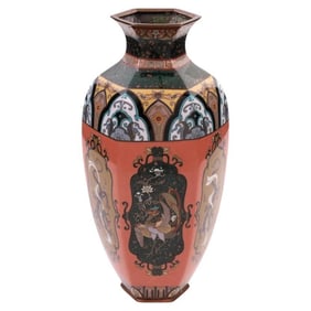 Large Meiji Japanese Cloisonne Enamel Peach Goldstone Dragons and Phoenix Bird