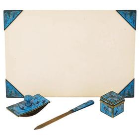 Antique Meiji Japanese Cloisonne Enamel Wisteria Inaba 4 Piece Desk Set