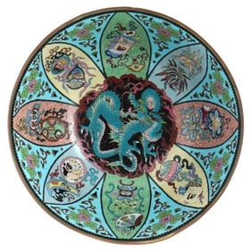 Large Antique Meiji Period Japanese Cloisonne Bowl with Blue Dragon