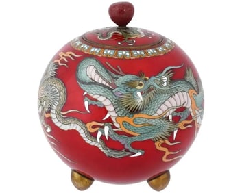 Rare Meiji Japanese Cloisonne Red Enamel Green and White Dragon Jar