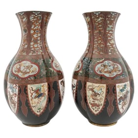 Antique Pair of Lobe Shaped Japanese Cloisonne Enamel Goldstone Dragon Butterfly