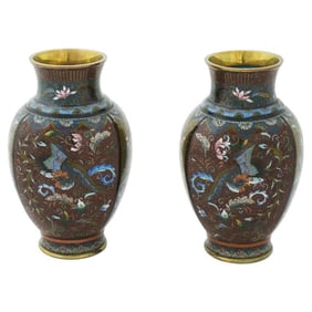 Antique Pair of Early Meiji Japanese Cloisonne Enamel Goldstone Phoenix Bird Vas