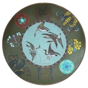 Antique Japanese Cloisonne Flying Geese Enamel Plate Goto School