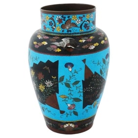 Large Antique Japanese Cloisonne Enamel Fan Motif Vase
