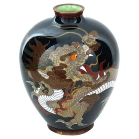 High Quality Japanese Cloisonne Forest Green Dragon Vase Attributed to Honda Yos