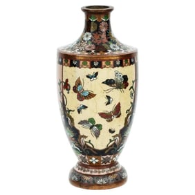 Antique Meiji Japanese Cloisonne Enamel Butterfly and Cranes in Flight Vase