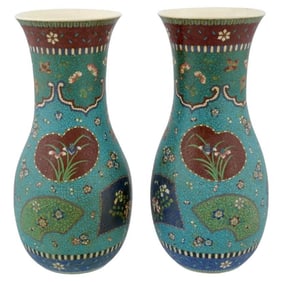 Rare Totai Shippo Pair Large Japanese Cloisonne On Porcelain Enamel Vases