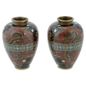 Antique Pair Early Meiji Japanese Cloisonne Enamel Dragon Crane Butterfly Vases