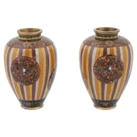 Antique Early Meiji Japanese Cloisonne Gold Stone Enamel Stripe Vases Attributed