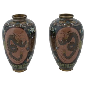 Antique Pair Early Meiji Japanese Cloisonne Enamel Dragon Crane Vases Attributed
