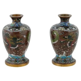 Antique Pair of Meiji Japanese Cloisonne Enamel Goldstone Dragon Vases