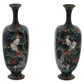 Antique Pair of Meiji Japanese Cloisonne Enamel Stork Blossoming Garden Vases At