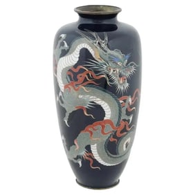 Large Antique Meiji Japanese Cloisonne Enamel Silver Wire Dragon Vase Signed