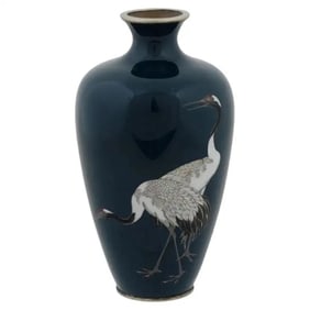 Antique Silver Meiji Japanese Cloisonne Enamel Crane Vase Signed Hayashi Kodenji