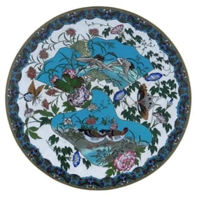 Rare Antique Meiji Japanese Cloisonne White Enamel Butterfly Plate Charger Attri